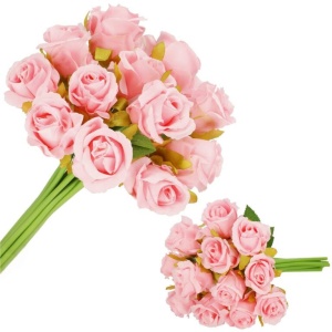 Buchet de flori artificiale din poliester, 12 fire trandafiri, 26cm, roz