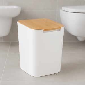 Cos gunoi 5Five Natureo cu capac, polipropilena si bambus, 5 litri, 22x19x24 cm, alb - Img 4