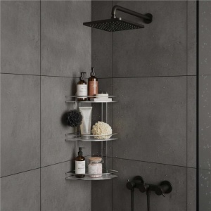Etajera de colt pentru dus, cu 3 polite, montaj pe perete, inox, 25x25x59 cm, argintiu - Img 5