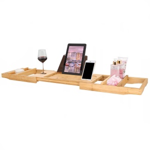 Raft cu tava pentru cada din bambus natural Sersimo 1024, extensibila, 75-110x23cm - Img 3