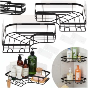 Set 2 polite de colt pentru dus, metalice cu montaj autoadeziv, inox, negru - Img 3