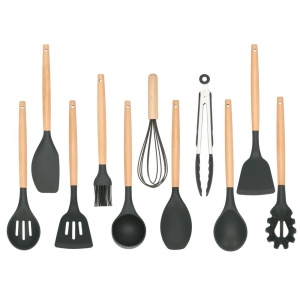 Set Sersimo 12 ustensile de bucatarie din silicon termorezistent si maner din bambus, gri - Img 3