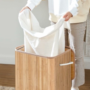 SONGMICS Cos de rufe din bambus, pliabil, cu captuseala detasabila lavabila, 72L, 40x30x60cm, natural - Img 4