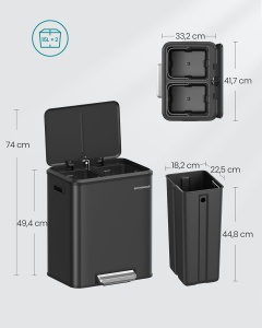 SONGMICS Cos gunoi metalic, 2 compartimente, 2×15 litri, pedala si inchidere silentioasa, negru - Img 6