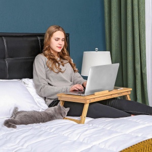 SONGMICS Masa de pat pentru laptop, plabila si reglabila, bambus, 55x35x29 cm, maro - Img 6