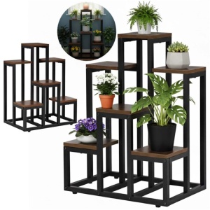 Suport pentru flori cu 6 polite din lemn, structura metal, 51x34x68 cm, negru - Img 2