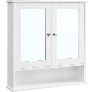 VASAGLE Dulap de baie de perete cu oglinda, 2 usi, compartiment deschis, rafturi reglabile, 13x56x58cm, alb