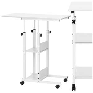Birou reglabil pe inaltime cu rafturi si roti, blat din lemn si structura metalica, 80x40x76-86 cm, alb - Img 3
