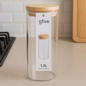 Borcan etans 5Five din sticla borosilicata cu capac lemn natural, 1.3 l, transparent - Img 2