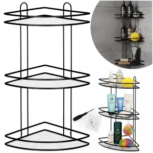 Etajera de colt pentru dus, cu 3 polite, montaj pe perete, inox, 25x25x59 cm, negru - Img 3
