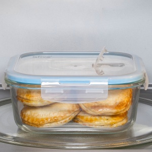 Set 3 caserole din sticla patrate 5Five Clipeat, capac albastru, 2.2L + 800ml + 330ml - Img 4