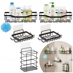 Set 5 polite metalice pentru dus cu montaj autoadeziv, inox, negru mat - Img 3