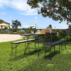 Set masa cu 2 banci pliabile tip valiza pentru gradina, camping sau evenimente, 180x70x74cm, negru - Img 5