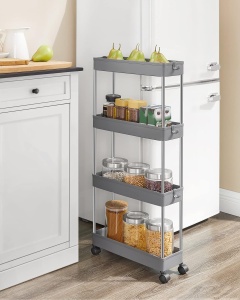 SONGMICS Carucior de depozitare pe roti, pentru bucatarie sau baie, din plastic, cu 4 nivele, 40x13x88cm, gri - Img 5