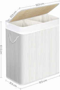 SONGMICS Cos de rufe din bambus cu capac, 2 compartimente, sac detasabil, volum 100L, 52x32x62cm, alb - Img 5