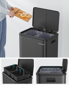 SONGMICS Cos gunoi metalic, 2 compartimente, 2×15 litri, pedala si inchidere silentioasa, negru - Img 3