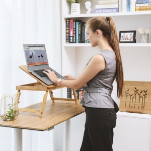 SONGMICS Masa de pat pentru laptop, plabila si reglabila, bambus, 55x35x29 cm, maro - Img 3