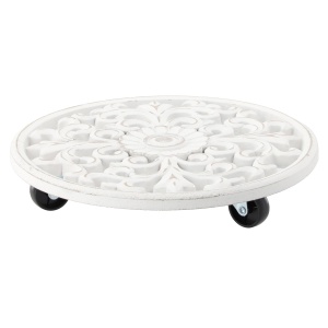 Suport ghiveci cu roti, rotund, din lemn, 30x30x7 cm, alb - Img 3