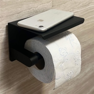Suport hartie igienica din otel cu raft depozitare, prindere fara gaurire, 14cm, negru - Img 6