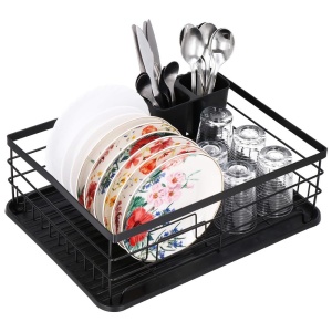 Uscator de vase cu suport tacamuri, din otel, cu tava de scurgere, 42x32x15cm, negru - Img 6
