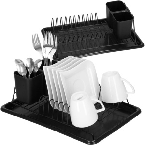 Uscator de vase metalic cu tava detasabila si suport tacamuri, 38x24x13 cm, negru - Img 4