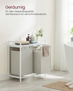 VASAGLE Cos de rufe, 2 compartimente, saci de rufe detasabili, raft, cadru metalic, 2x46L, 73x33x72 cm, alb - Img 4