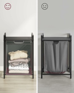VASAGLE Cos de rufe, sac de rufe detasabil, raft, cadru metalic, 65L, 50x33x72 cm, negru si gri - Img 6