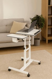 Masuta laptop reglabila cu 2 blaturi acrilice, pe roti cu blocare, 60-90 cm, alb perlat - Img 4