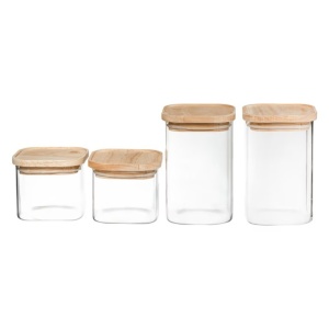 Set 4 borcane depozitare ermetice 5Five, sticla borosilicata si capac lemn, transparent - Img 2
