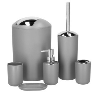 Set accesorii baie, 6 piese din plastic, cu perie WC si cos de gunoi, finisaj mat si lucios, gri argintiu - Img 4