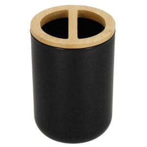 Set de accesorii rotunde pentru baie din plastic cu elemente bambus, 6 piese, negru - Img 4