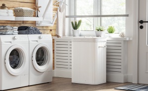 SONGMICS Cos de rufe din bambus, pliabil, cu captuseala detasabila lavabila, 72L, 40x30x60cm, alb - Img 3