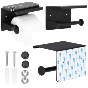Suport hartie igienica din otel cu raft depozitare, prindere fara gaurire, 14cm, negru - Img 3