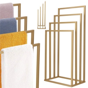 Suport metalic de baie pentru prosoape, cu 4 standuri, 96 cm, auriu mat - Img 4