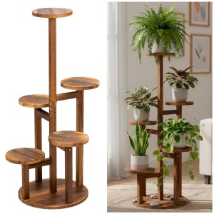 Suport pentru flori, din lemn si MDF, 6 niveluri pentru ghivece, 48x48x87 cm, maro - Img 2