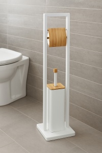 Suport WC cu perie 5Five Natureo, cu suport hartie igienica, metal si bambus, 20x20x80 cm, alb - Img 2