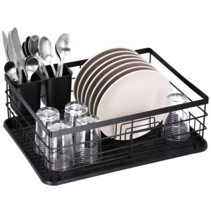Uscator de vase cu suport tacamuri, din otel, cu tava de scurgere, 42x32x15cm, negru - Img 3