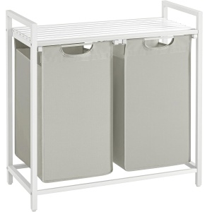 VASAGLE Cos de rufe, 2 compartimente, saci de rufe detasabili, raft, cadru metalic, 2x46L, 73x33x72 cm, alb