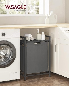 VASAGLE Cos de rufe, sac de rufe detasabil, raft, cadru metalic, 65L, 50x33x72 cm, negru si gri - Img 3