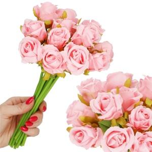 Buchet de flori artificiale din poliester, 12 fire trandafiri, 26cm, roz - Img 2