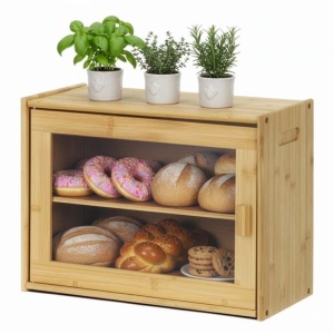 Cutie pentru paine din bambus cu fereastra transparenta, inchidere magnetica, 39x20x31 cm, bambus natural - Img 3