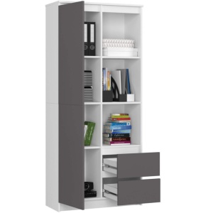 Dulap cu usa, 2 sertare si 7 rafturi, PAL laminat 16 mm, 80x35x180 cm, alb si gri