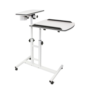 Masuta laptop reglabila cu 2 blaturi acrilice, pe roti cu blocare, 60-90 cm, alb perlat