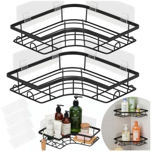 Set 2 polite de colt pentru dus, metalice cu montaj autoadeziv, inox, negru - Img 4