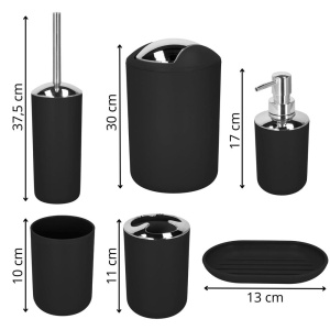 Set accesorii baie, 6 piese din plastic, cu perie WC si cos de gunoi, finisaj mat si lucios, negru argintiu - Img 2