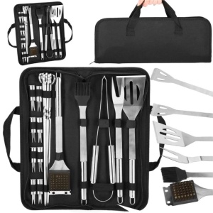 Set accesorii pentru gratar din inox, 20 de piese inclusiv perie, husa transport