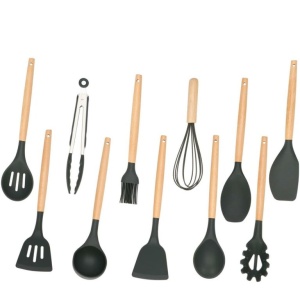 Set Sersimo 12 ustensile de bucatarie din silicon termorezistent si maner din bambus, gri - Img 4