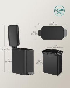 SONGMICS Cos de gunoi cu pedala, potrivit pentru baie, capac soft-close si galeata detasabila, otel inoxidabil, 5 litri, 30x14x29 cm, negru - Img 6