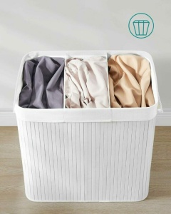 SONGMICS Cos de rufe din bambus, pliabil, cu captuseala detasabila lavabila, 3 compartimente, 150L, 60x40x62cm, alb - Img 5