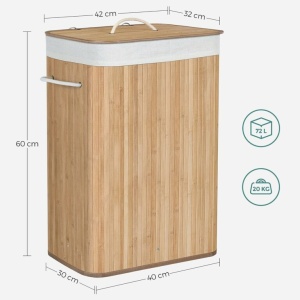 SONGMICS Cos de rufe din bambus, pliabil, cu captuseala detasabila lavabila, 72L, 40x30x60cm, natural - Img 5